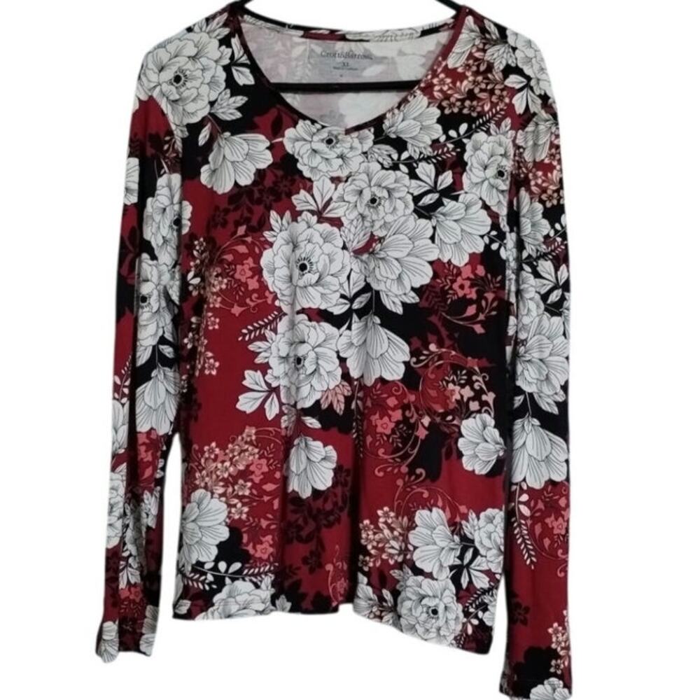 Croft & Barrow Floral Top XL Red Black White Long Sleeve 100% Cotton Grannycore